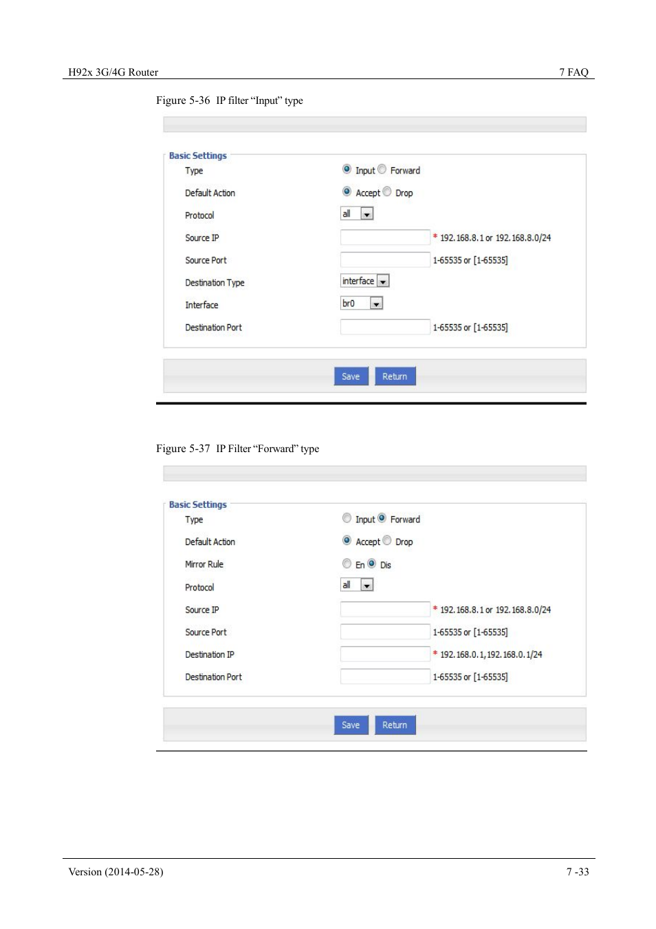 Figure 5-36 ip filter “input” type, Figure 5-37 ip filter “forward” type | Hongdian H7921/H7920 Basic 3G/4G Router User Manual | Page 67 / 129