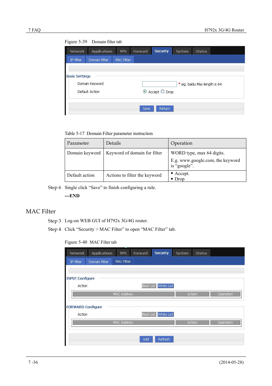 Table 5-17 domain filter parameter instruction, Figure 5-39 domain filter tab, Figure 5-40 mac filter tab | Mac filter | Hongdian H7921/H7920 Basic 3G/4G Router User Manual | Page 70 / 129
