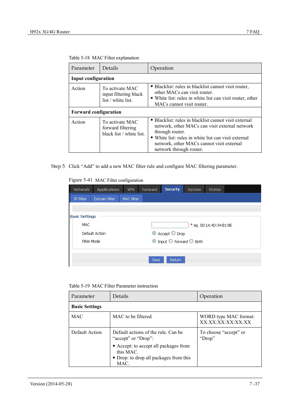 Table 5-18 mac filter explanation, Table 5-19 mac filter parameter instruction, Figure 5-41 mac filter configuration | Hongdian H7921/H7920 Basic 3G/4G Router User Manual | Page 71 / 129