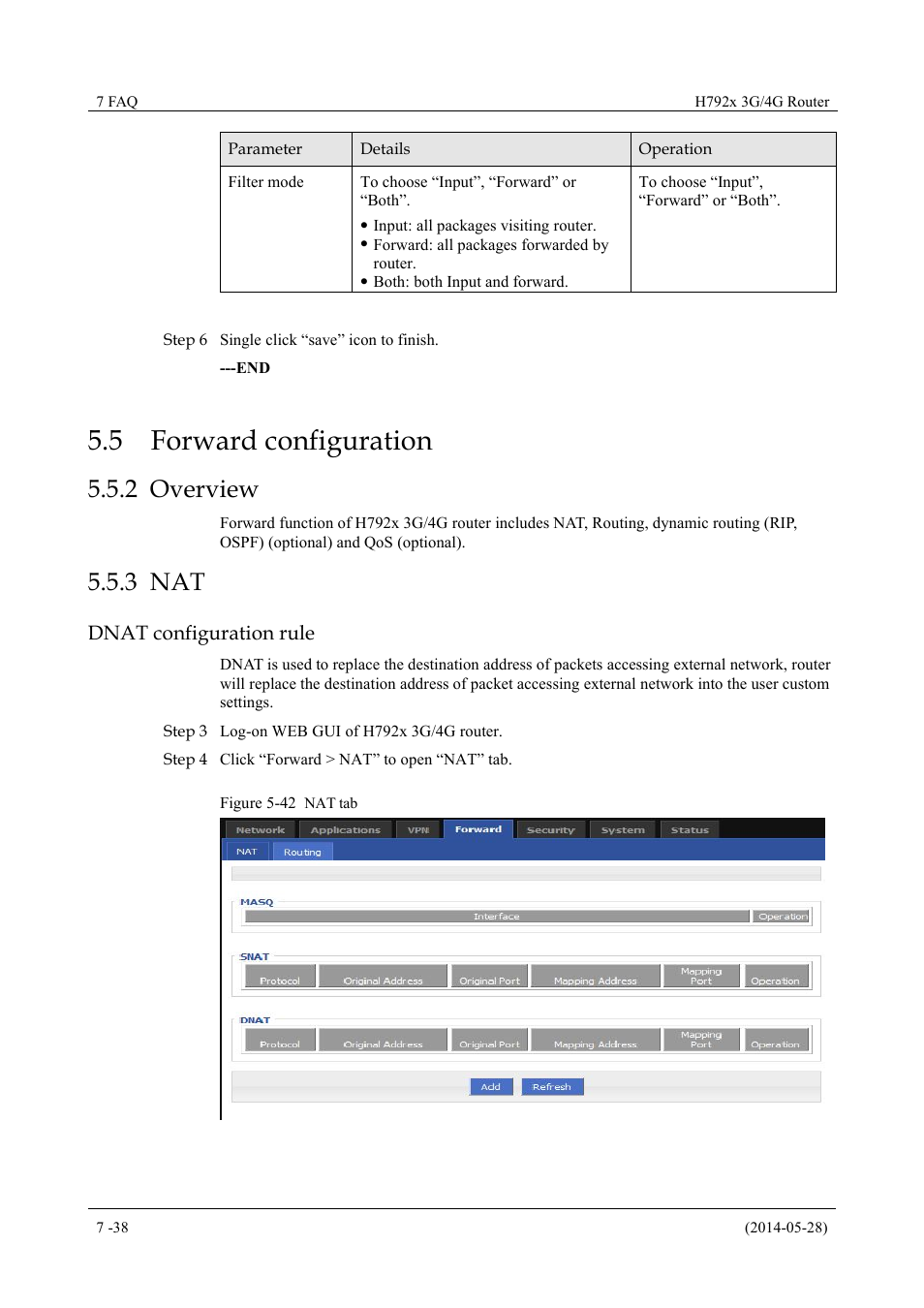 Forwardconfiguration, Overview, 5 forward configuration | 2 overview 5.5.3 nat, Figure 5-42 nat tab, 2 overview, 3 nat, Dnat configuration rule | Hongdian H7921/H7920 Basic 3G/4G Router User Manual | Page 72 / 129