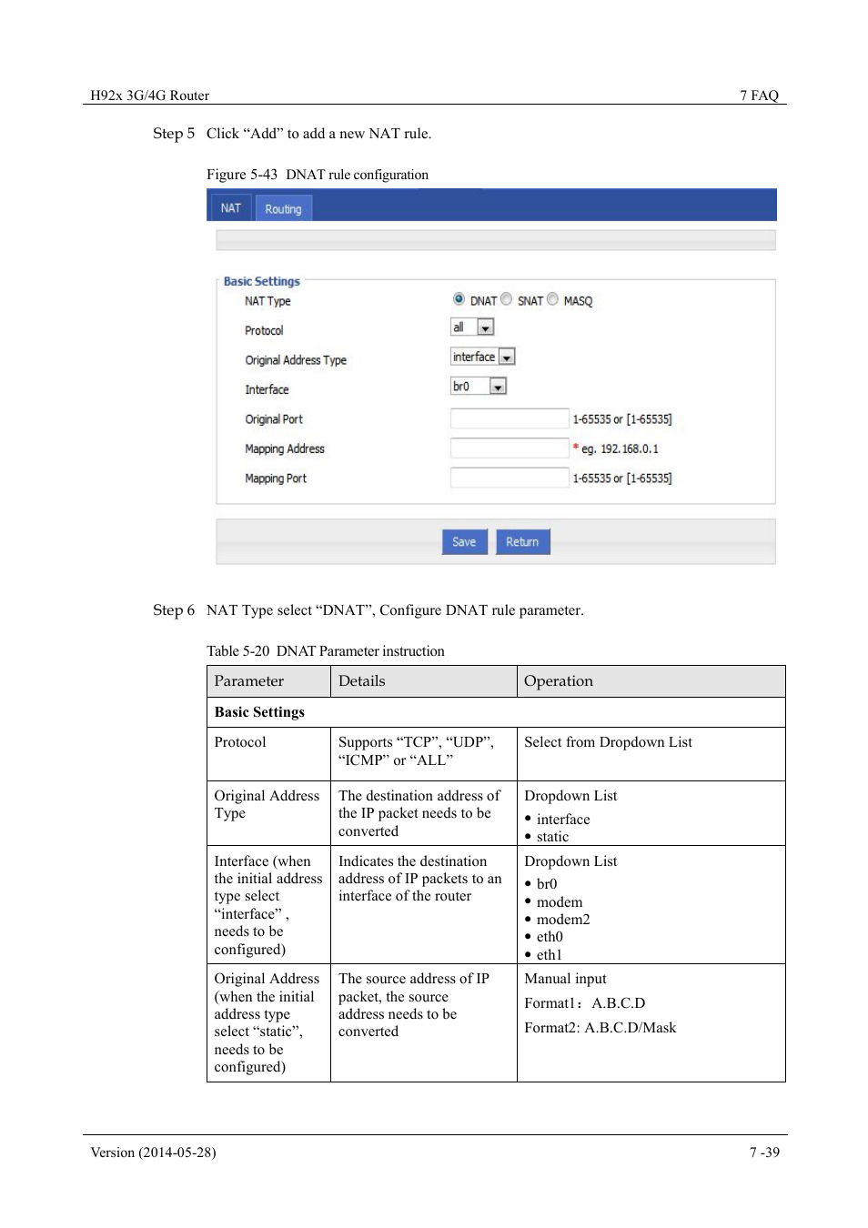 Table 5-20 dnat parameter instruction, Figure 5-43 dnat rule configuration | Hongdian H7921/H7920 Basic 3G/4G Router User Manual | Page 73 / 129