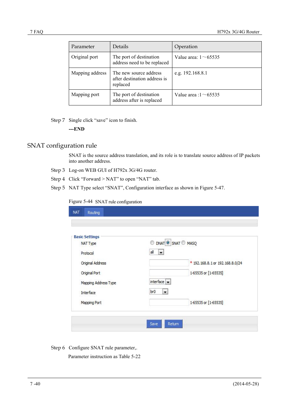 Figure 5-44 snat rule configuration, Snat configuration rule | Hongdian H7921/H7920 Basic 3G/4G Router User Manual | Page 74 / 129