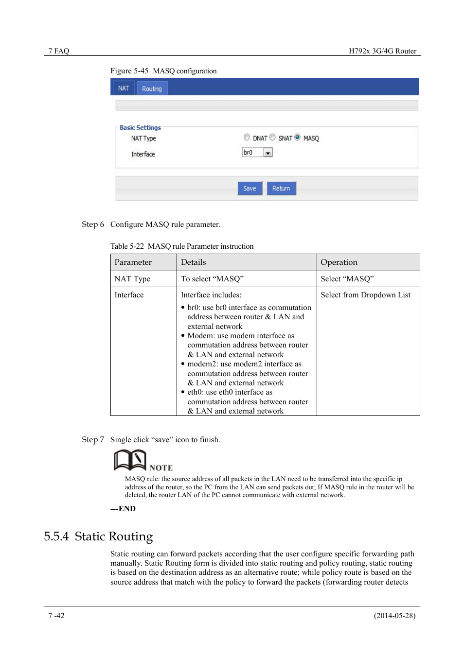 Staticrouting, 4 static routing, Table 5-22 masq rule parameter instruction | Figure 5-45 masq configuration | Hongdian H7921/H7920 Basic 3G/4G Router User Manual | Page 76 / 129