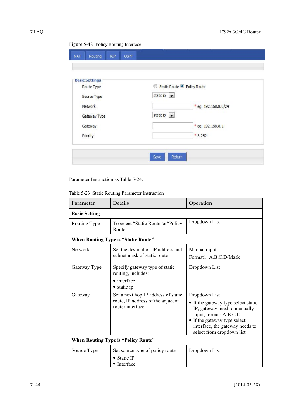 Table 5-23 static routing parameter instruction, Figure 5-48 policy routing interface | Hongdian H7921/H7920 Basic 3G/4G Router User Manual | Page 78 / 129