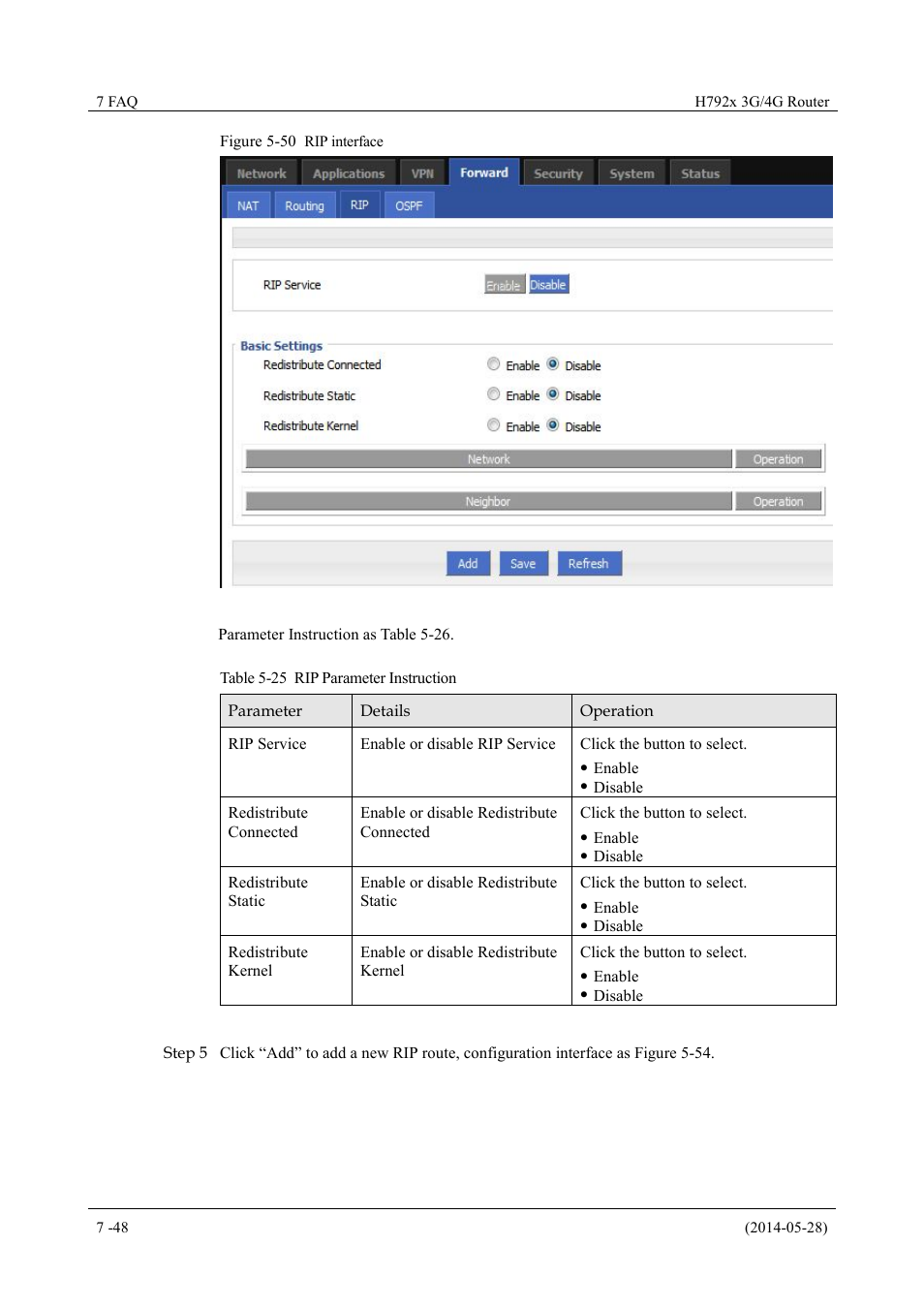 Table 5-25 rip parameter instruction, Figure 5-50 rip interface | Hongdian H7921/H7920 Basic 3G/4G Router User Manual | Page 82 / 129