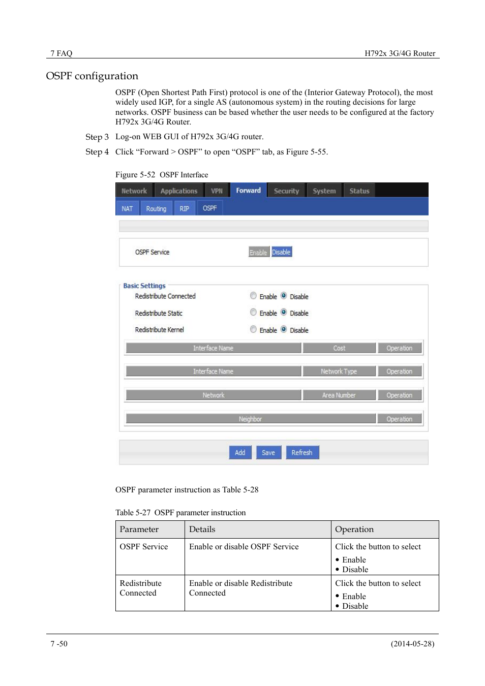 Table 5-27 ospf parameter instruction, Figure 5-52 ospf interface, Ospf configuration | Hongdian H7921/H7920 Basic 3G/4G Router User Manual | Page 84 / 129