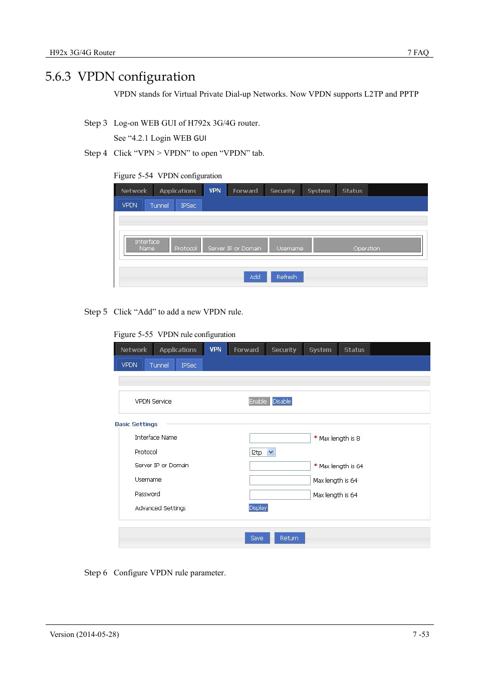 Vpdnconfiguration, 3 vpdn configuration, Figure 5-54 vpdn configuration | Figure 5-55 vpdn rule configuration | Hongdian H7921/H7920 Basic 3G/4G Router User Manual | Page 87 / 129