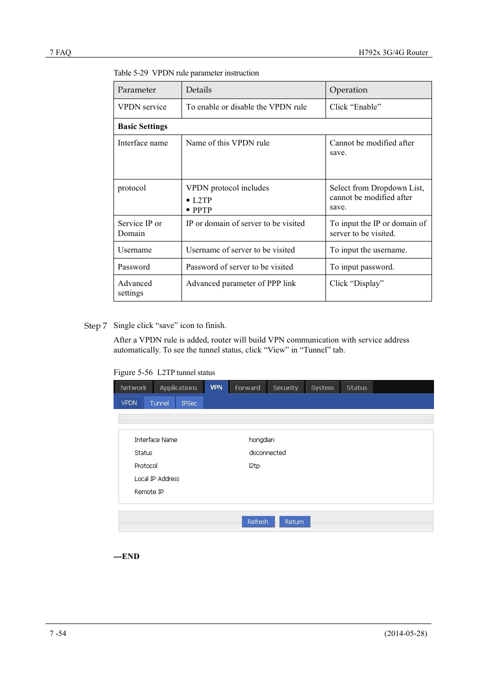 Table 5-29 vpdn rule parameter instruction, Figure 5-56 l2tp tunnel status | Hongdian H7921/H7920 Basic 3G/4G Router User Manual | Page 88 / 129