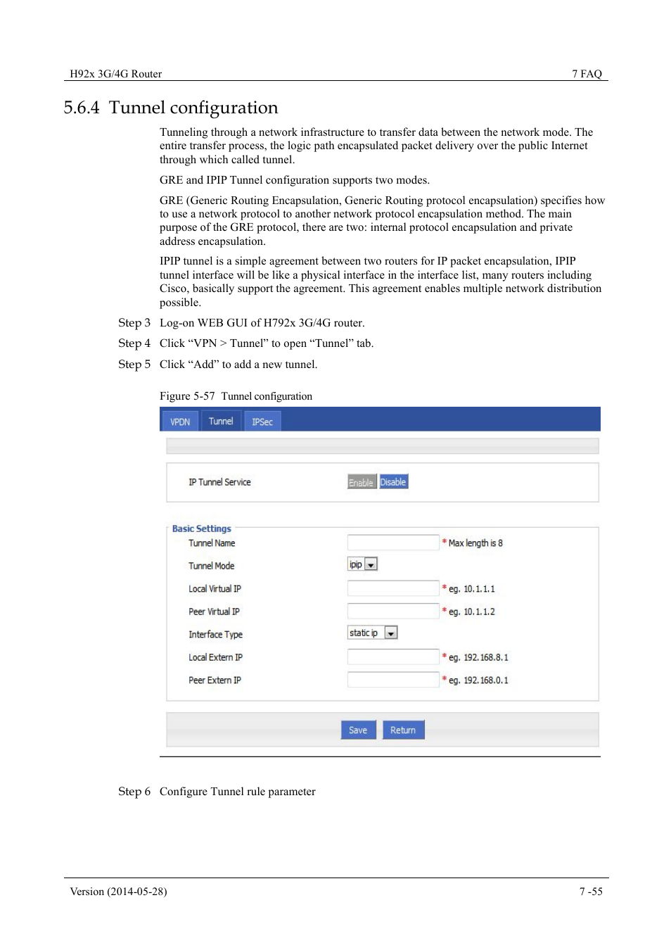 Tunnelconfiguration, 4 tunnel configuration, Figure 5-57 tunnel configuration | Hongdian H7921/H7920 Basic 3G/4G Router User Manual | Page 89 / 129