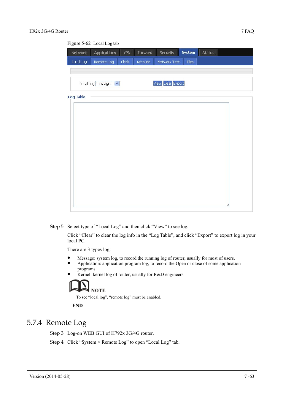 Remotelog, 4 remote log, Figure 5-62 local log tab | Hongdian H7921/H7920 Basic 3G/4G Router User Manual | Page 97 / 129