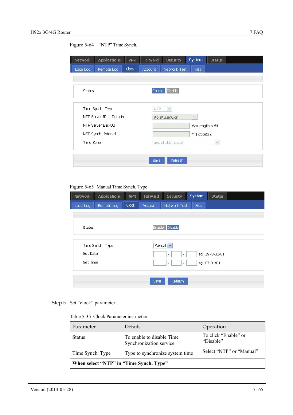 Table 5-35 clock parameter instruction, Figure 5-64 “ntp” time synch, Figure 5-65 manual time synch. type | Hongdian H7921/H7920 Basic 3G/4G Router User Manual | Page 99 / 129
