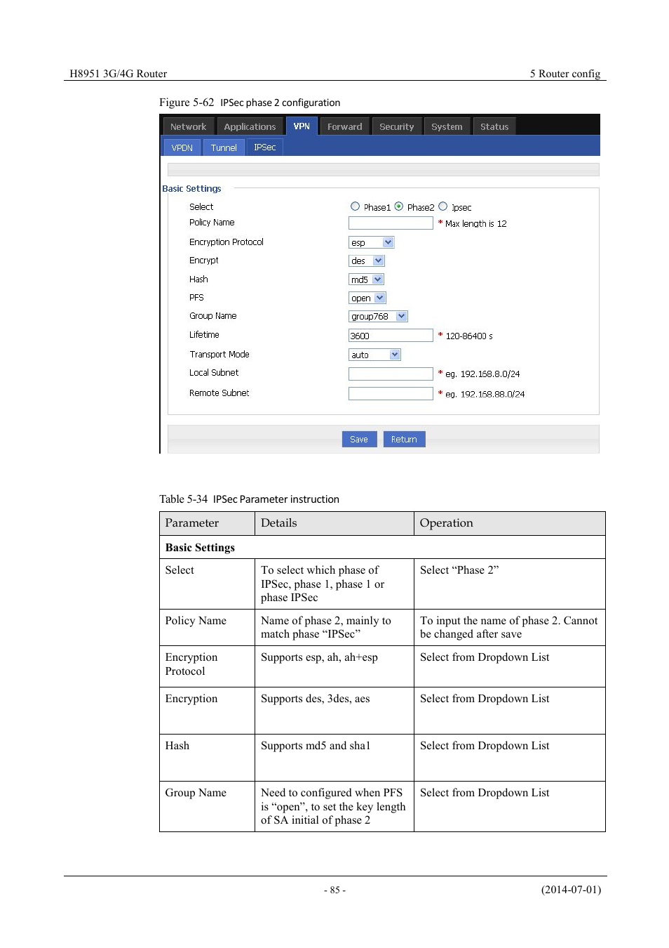 Table 5-33 ipsec parameter instruction, Figure 5-63 ipsec phase 2 configuration | Hongdian H8951 3G/4G Wi-Fi router User Manual | Page 101 / 139