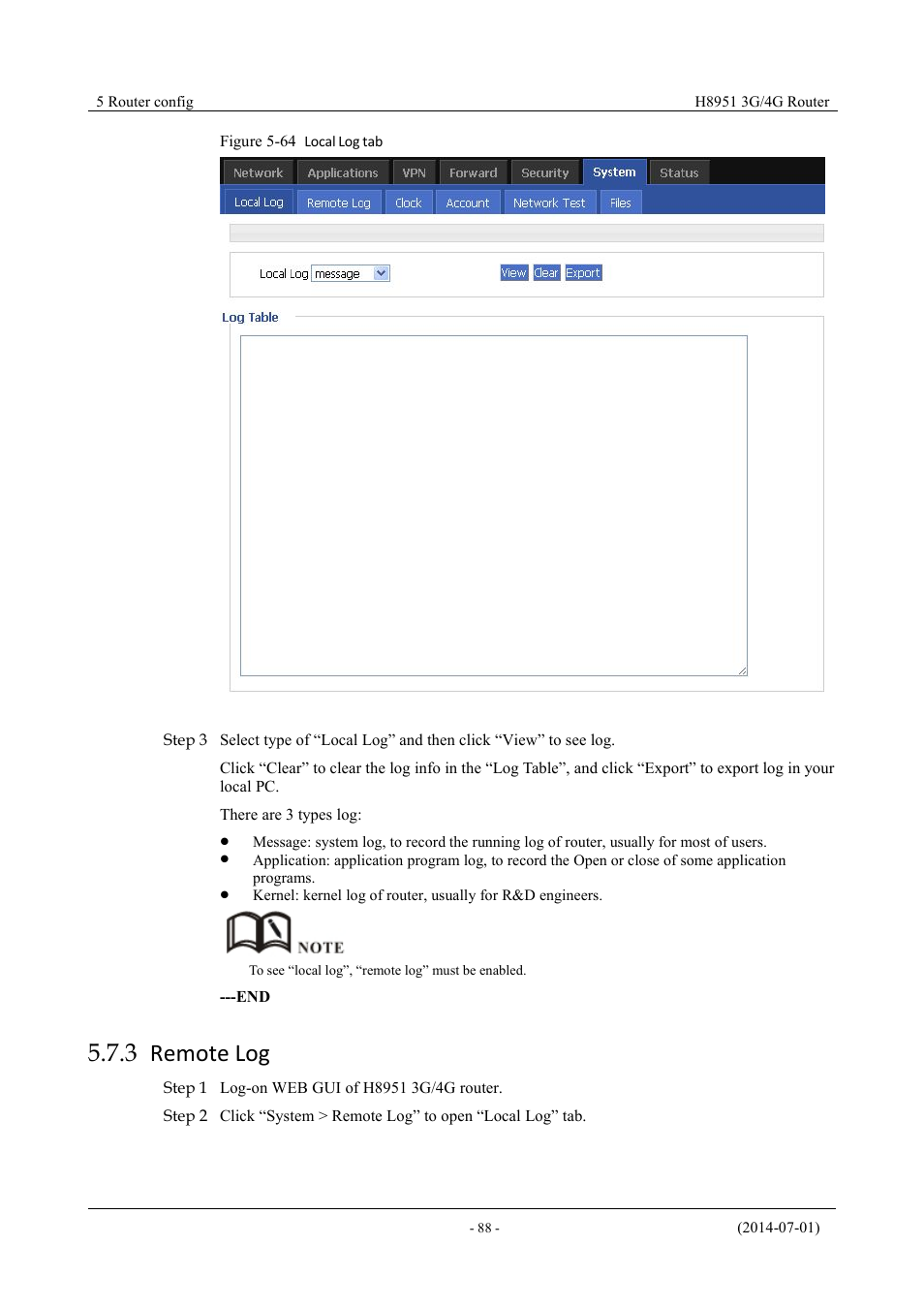 Remotelog, 3 remote log, Figure 5-65 local log tab | Hongdian H8951 3G/4G Wi-Fi router User Manual | Page 104 / 139