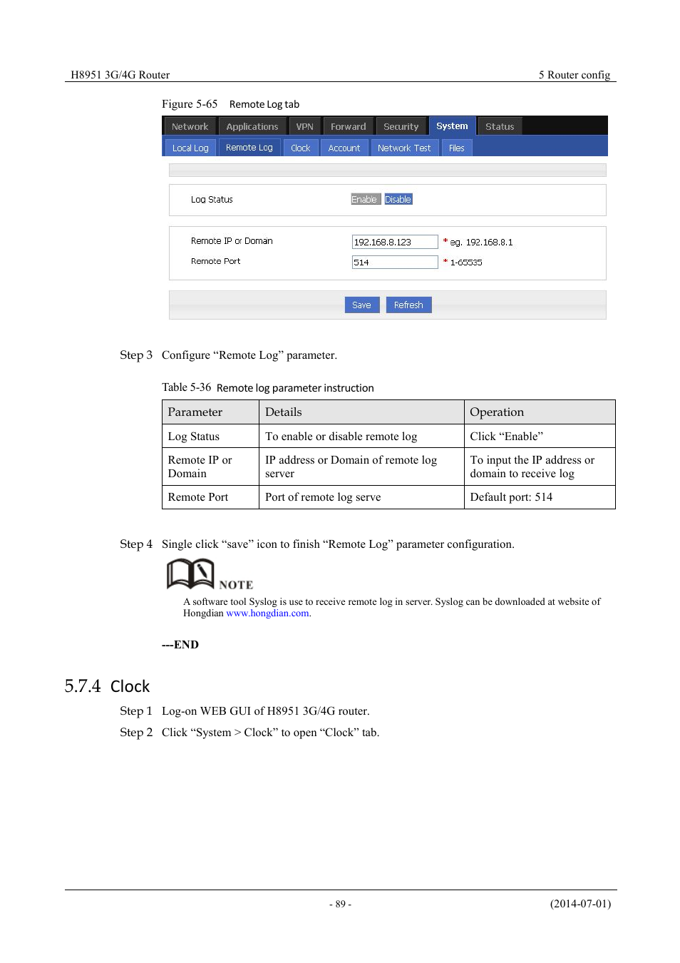 Clock, 4 clock, Table 5-35 remote log parameter instruction | Figure 5-66 remote log tab | Hongdian H8951 3G/4G Wi-Fi router User Manual | Page 105 / 139
