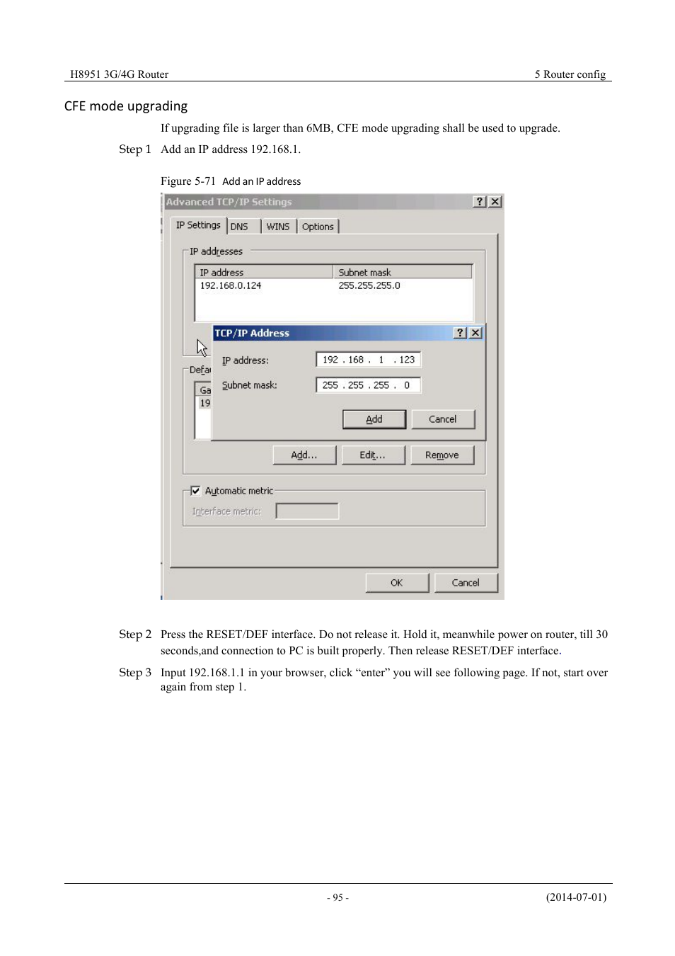 Figure 5-72 add an ip address, Cfe mode upgrading | Hongdian H8951 3G/4G Wi-Fi router User Manual | Page 111 / 139