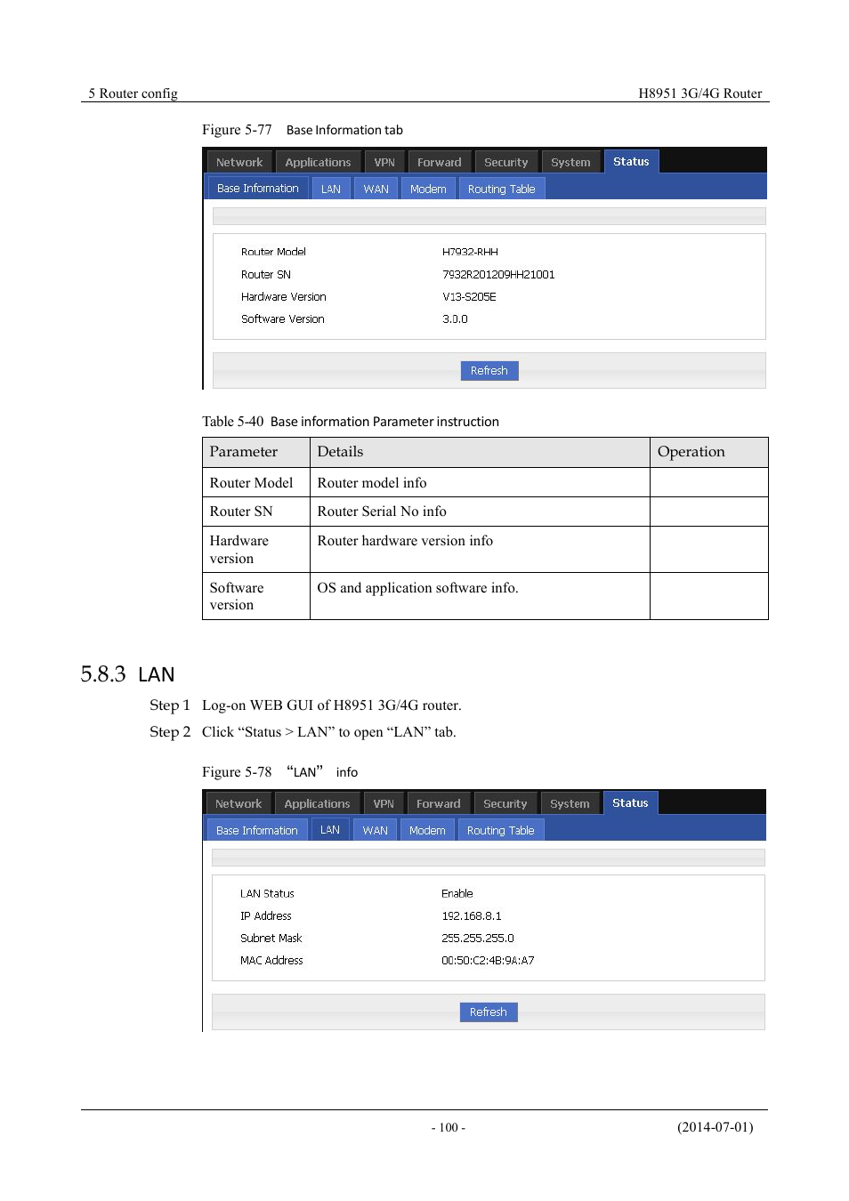 3 lan, Table 5-39 base information parameter instruction, Figure 5-79 base information tab | Figure 5-80 “lan” info | Hongdian H8951 3G/4G Wi-Fi router User Manual | Page 116 / 139