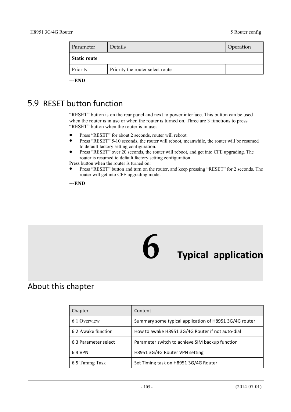 Resetbuttonfunction, Typicalapplication, 9 reset button function | 6 typical application, Typical application, About this chapter | Hongdian H8951 3G/4G Wi-Fi router User Manual | Page 121 / 139