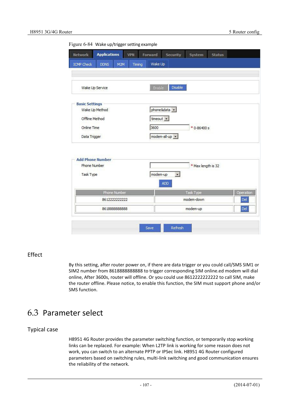 Parameterselect, 3 parameter select, Figure 6-86 wake up/trigger setting example | Hongdian H8951 3G/4G Wi-Fi router User Manual | Page 123 / 139