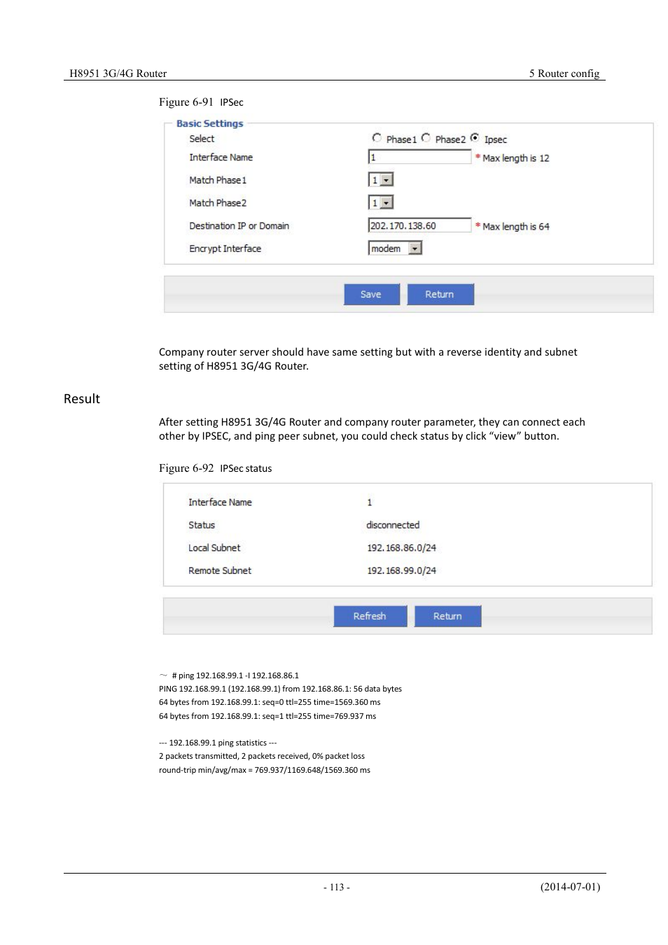 Figure 6-93 ipsec, Figure 6-94 ipsec status, Result | Hongdian H8951 3G/4G Wi-Fi router User Manual | Page 129 / 139