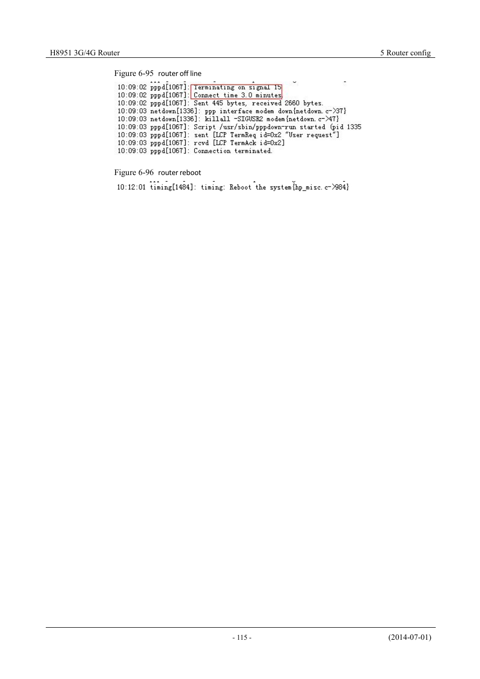 Figure 6-97 router off line, Figure 6-98 router reboot | Hongdian H8951 3G/4G Wi-Fi router User Manual | Page 131 / 139