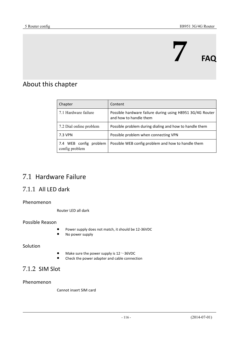 Hardwarefailure, Allleddark, Simslot | 7 faq, 1 hardware failure, 1 all led dark 7.1.2 sim slot, About this chapter, 1 all led dark, 2 sim slot | Hongdian H8951 3G/4G Wi-Fi router User Manual | Page 132 / 139