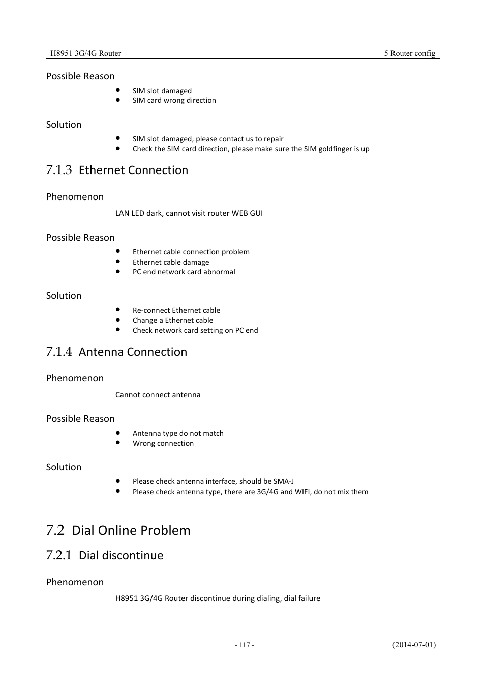 Ethernetconnection, Antennaconnection, Dialonlineproblem | Dialdiscontinue, 3 ethernet connection 7.1.4 antenna connection, 2 dial online problem, 1 dial discontinue, 3 ethernet connection, 4 antenna connection, Possible reason | Hongdian H8951 3G/4G Wi-Fi router User Manual | Page 133 / 139