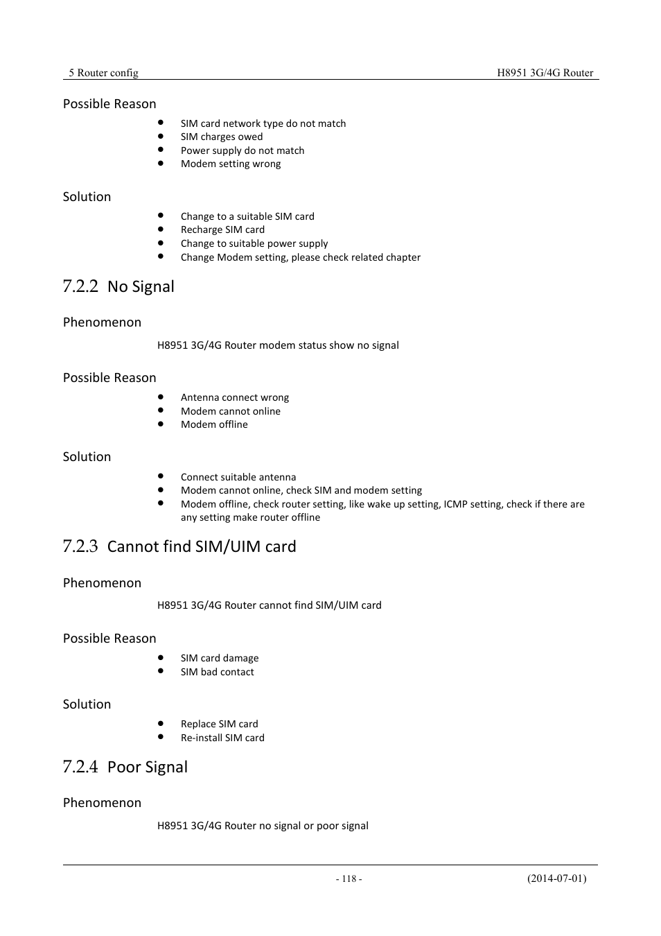 Nosignal, Cannotfindsim/uimcard, Poorsignal | 2 no signal, 3 cannot find sim/uim card, 4 poor signal, Possible reason, Solution, Phenomenon | Hongdian H8951 3G/4G Wi-Fi router User Manual | Page 134 / 139
