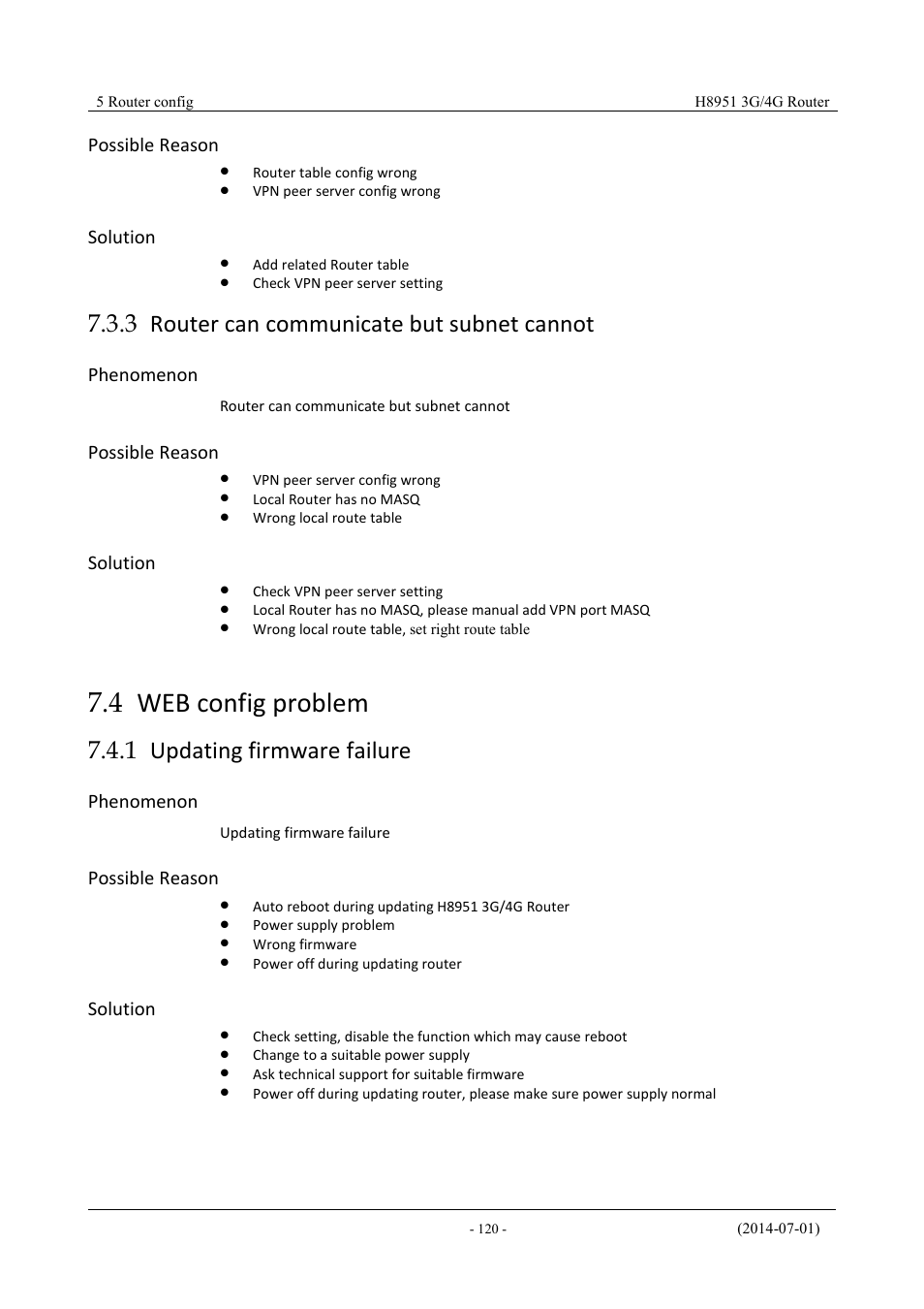 Routercancommunicatebutsubnetcannot, Webconfigproblem, Updatingfirmwarefailure | 3 router can communicate but subnet cannot, 4 web config problem, 1 updating firmware failure, Possible reason, Solution, Phenomenon | Hongdian H8951 3G/4G Wi-Fi router User Manual | Page 136 / 139