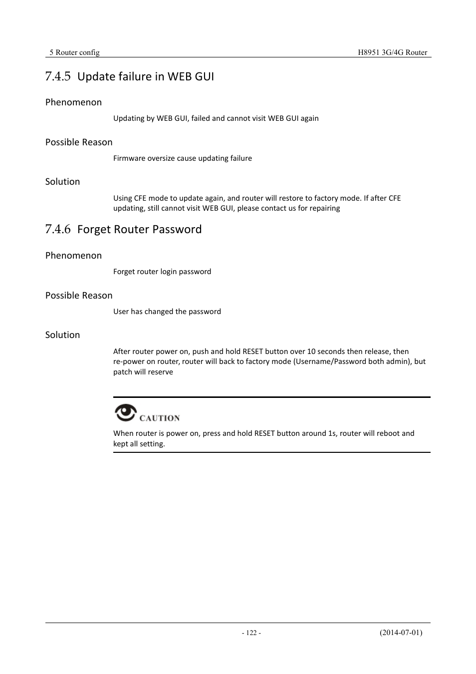 Updatefailureinwebgui, Forgetrouterpassword, 5 update failure in web gui | 6 forget router password | Hongdian H8951 3G/4G Wi-Fi router User Manual | Page 138 / 139