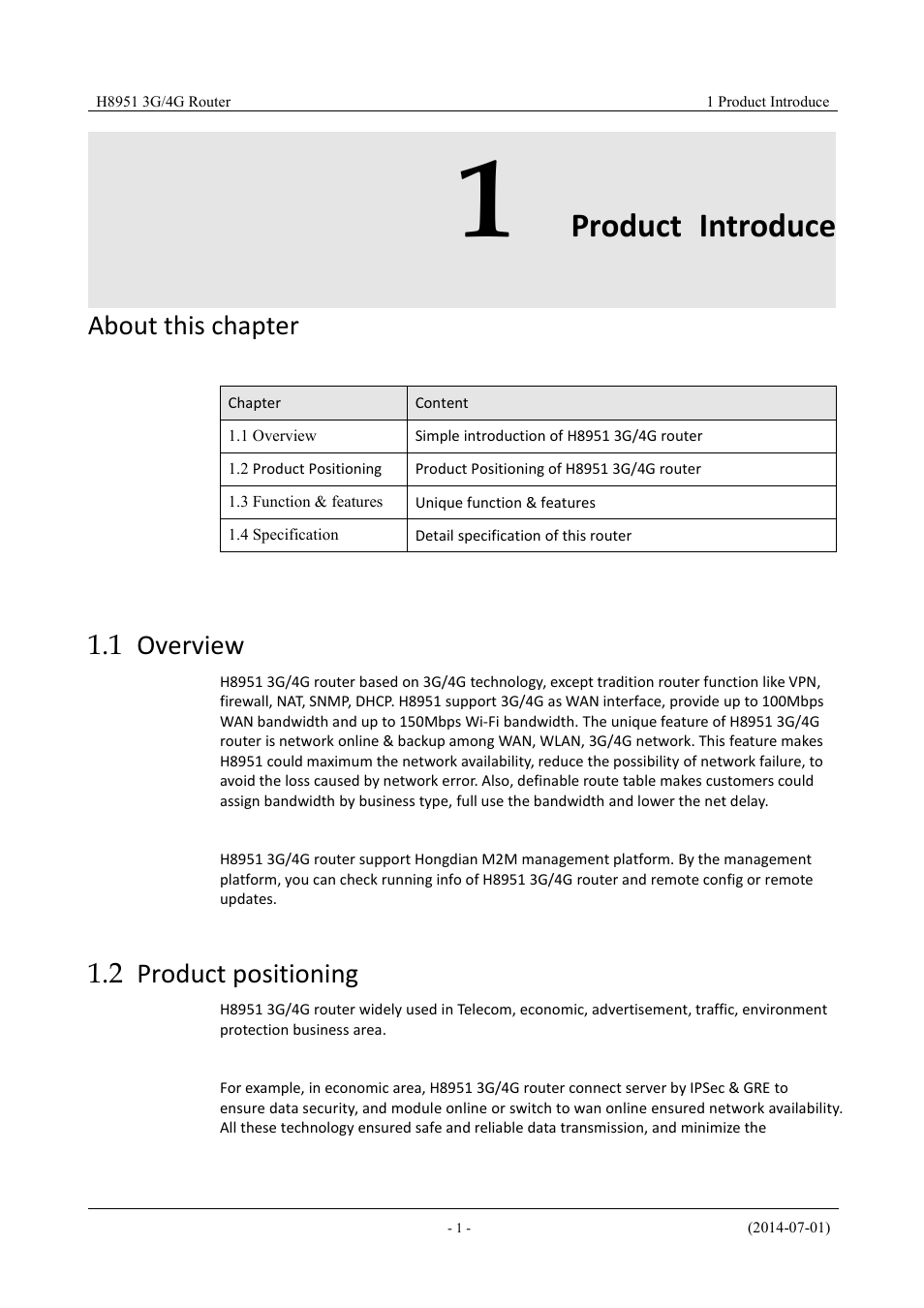 Productintroduce, Overview, Productpositioning | 1 product introduce, 1 overview 1.2 product positioning, Product introduce, About this chapter, 1 overview, 2 product positioning | Hongdian H8951 3G/4G Wi-Fi router User Manual | Page 17 / 139