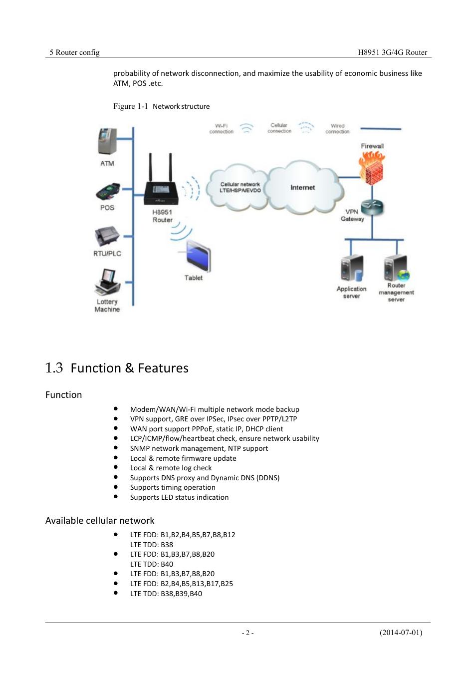 Function&features, 3 function & features, Figure 1-1 network structure | Function, Available cellular network | Hongdian H8951 3G/4G Wi-Fi router User Manual | Page 18 / 139