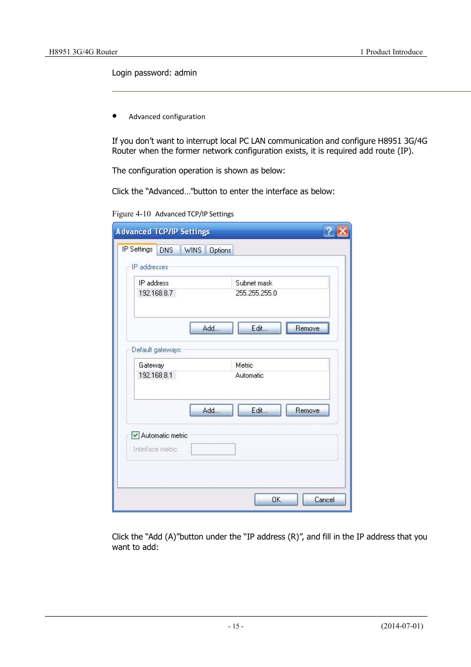 Figure 4-8 advanced tcp/ip settings | Hongdian H8951 3G/4G Wi-Fi router User Manual | Page 31 / 139