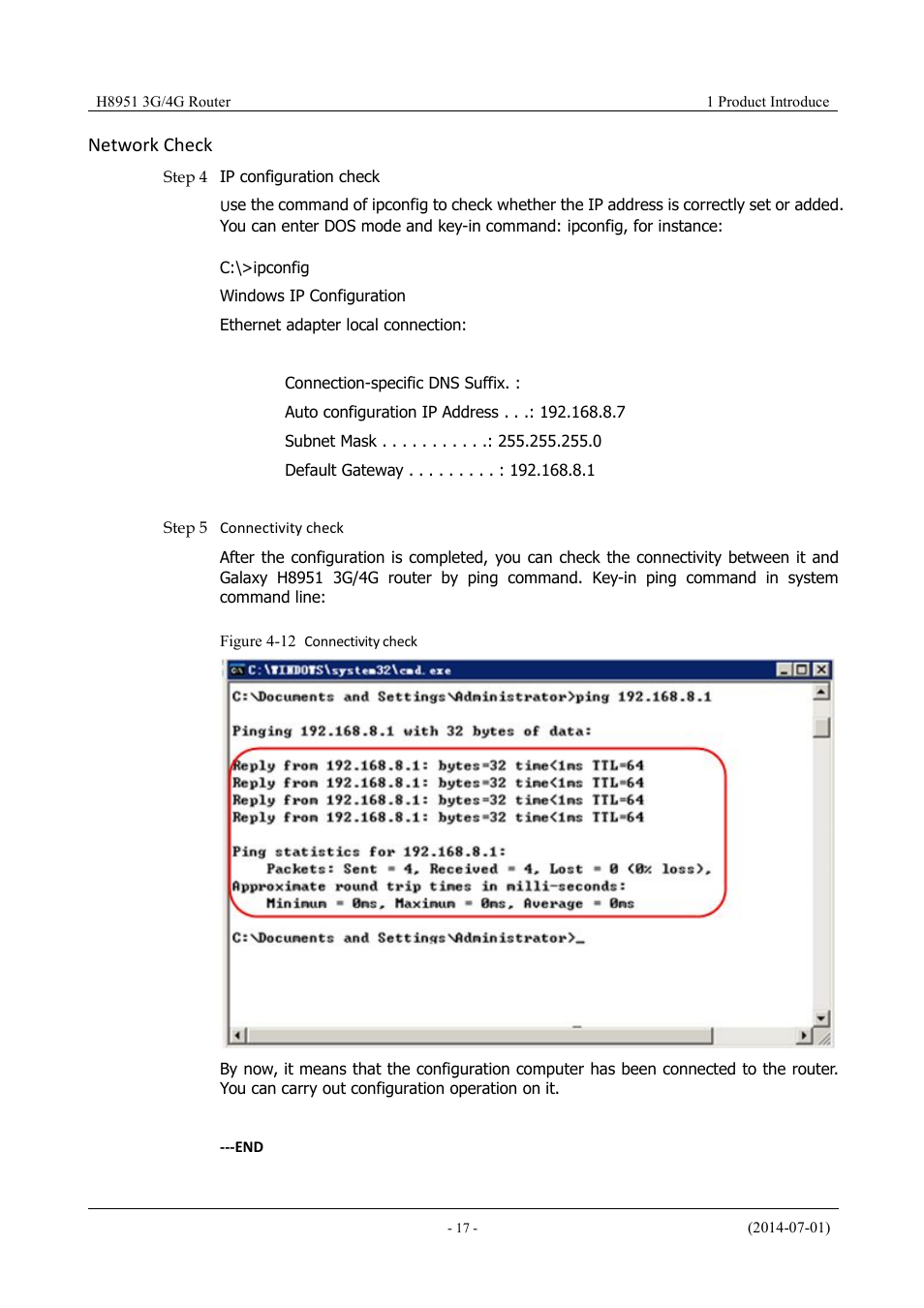 3 basic config, Figure 4-10 connectivity check, Network check | Hongdian H8951 3G/4G Wi-Fi router User Manual | Page 33 / 139