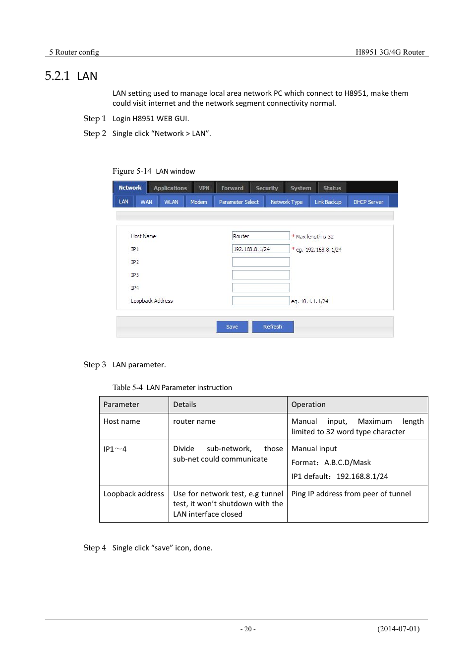 1 lan, Table 5-1 lan parameter instruction, Figure 5-12 lan window | Hongdian H8951 3G/4G Wi-Fi router User Manual | Page 36 / 139