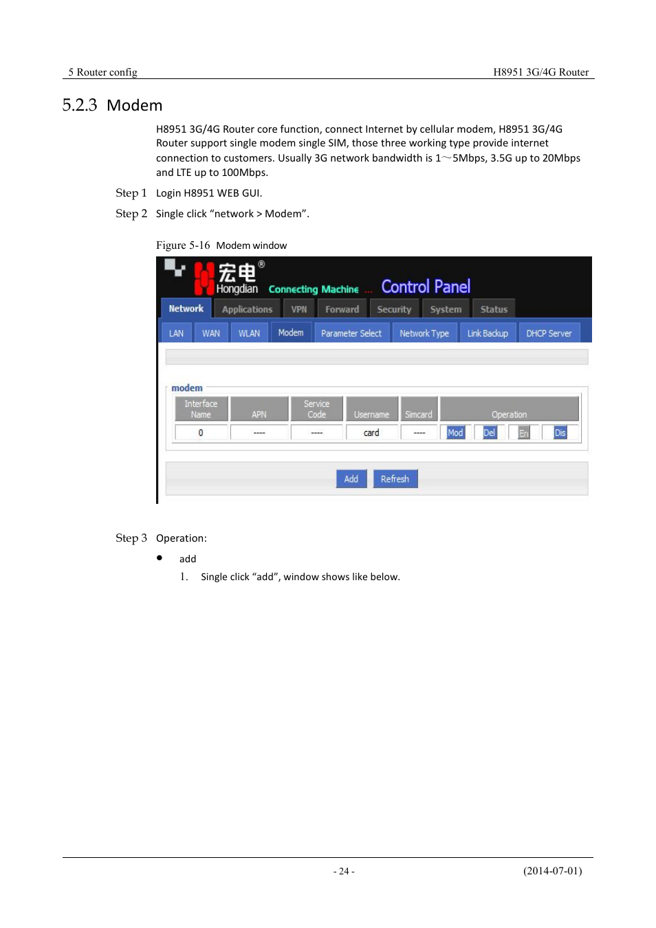 Modem, 3 modem, Figure 5-14 modem window | Hongdian H8951 3G/4G Wi-Fi router User Manual | Page 40 / 139