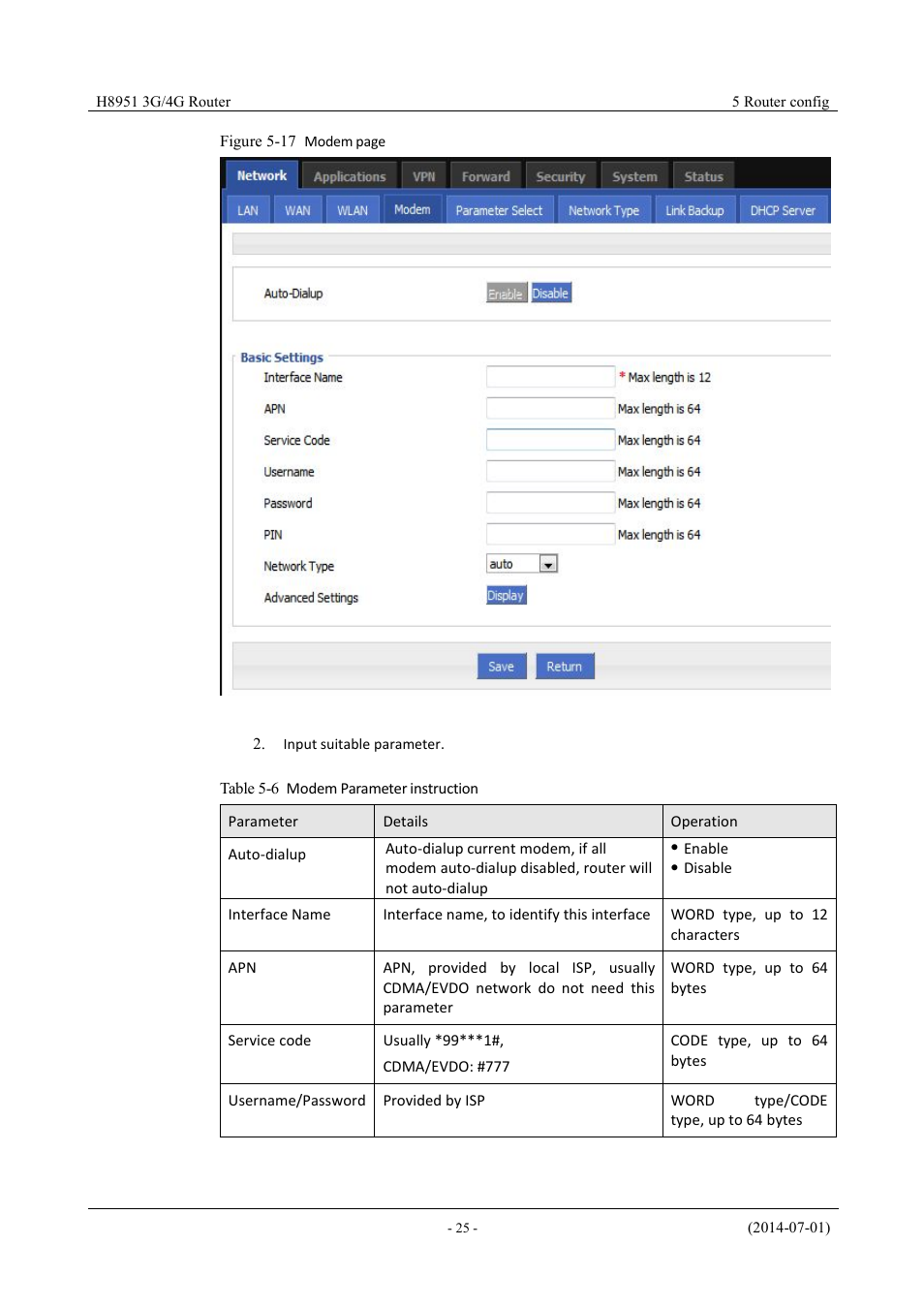 Table 5-3 “modem” parameter instruction | Hongdian H8951 3G/4G Wi-Fi router User Manual | Page 41 / 139