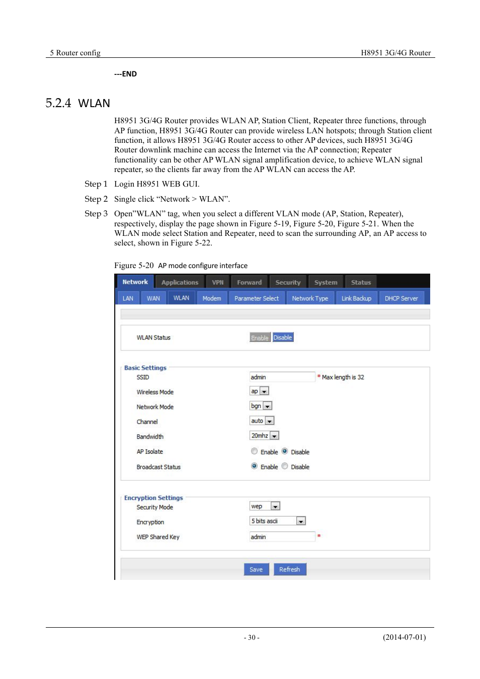 Wlan, 4 wlan, Figure 5-19 ap mode configure interface | Hongdian H8951 3G/4G Wi-Fi router User Manual | Page 46 / 139
