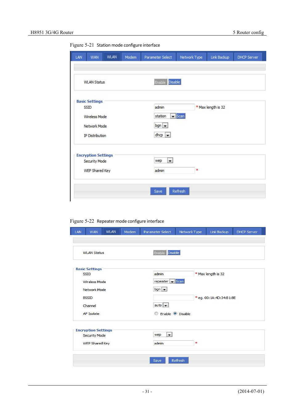 Figure 5-20 station mode configure interface, Figure 5-21 repeater mode configure interface | Hongdian H8951 3G/4G Wi-Fi router User Manual | Page 47 / 139