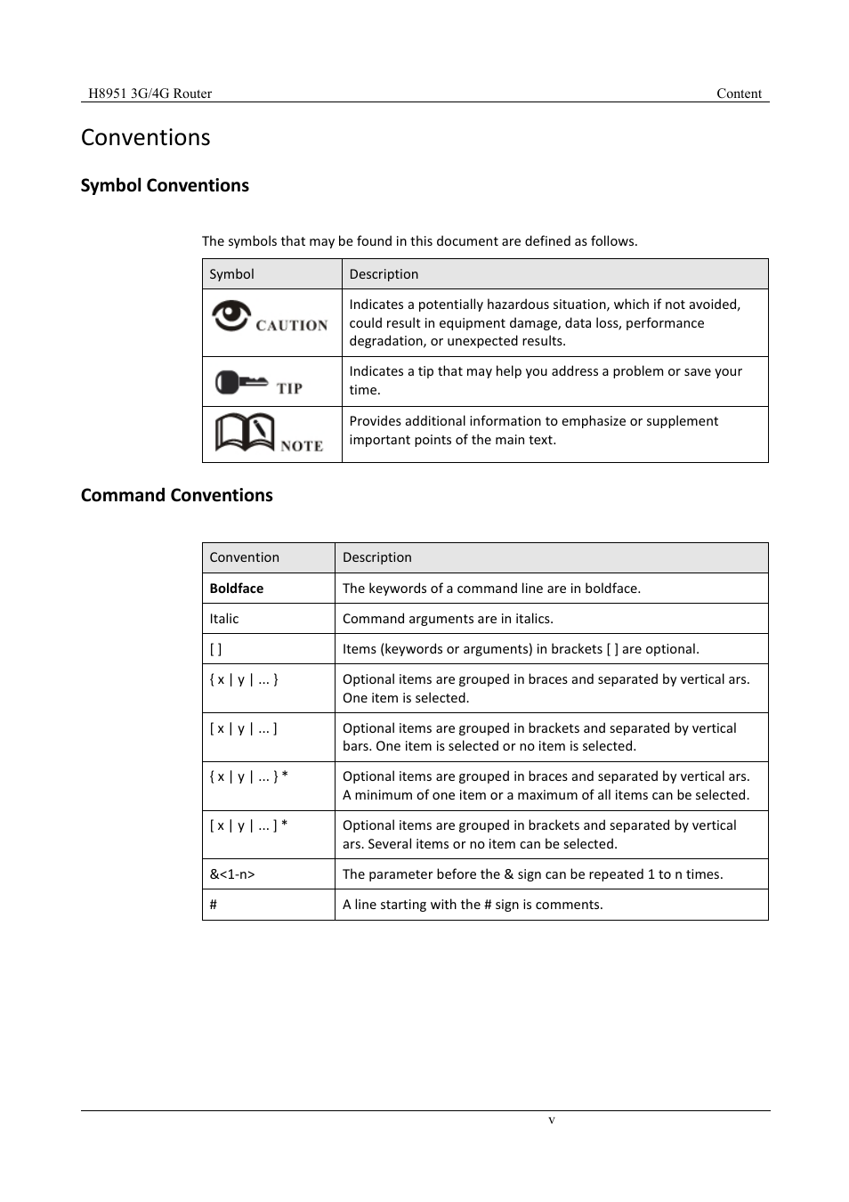 Conventions, Symbol conventions, Command conventions | Hongdian H8951 3G/4G Wi-Fi router User Manual | Page 5 / 139