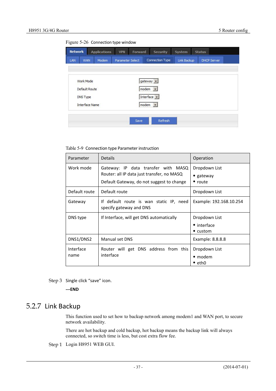 Linkbackup, 7 link backup, Table 5-6 connection type parameter instruction | Figure 5-25 connection type window | Hongdian H8951 3G/4G Wi-Fi router User Manual | Page 53 / 139