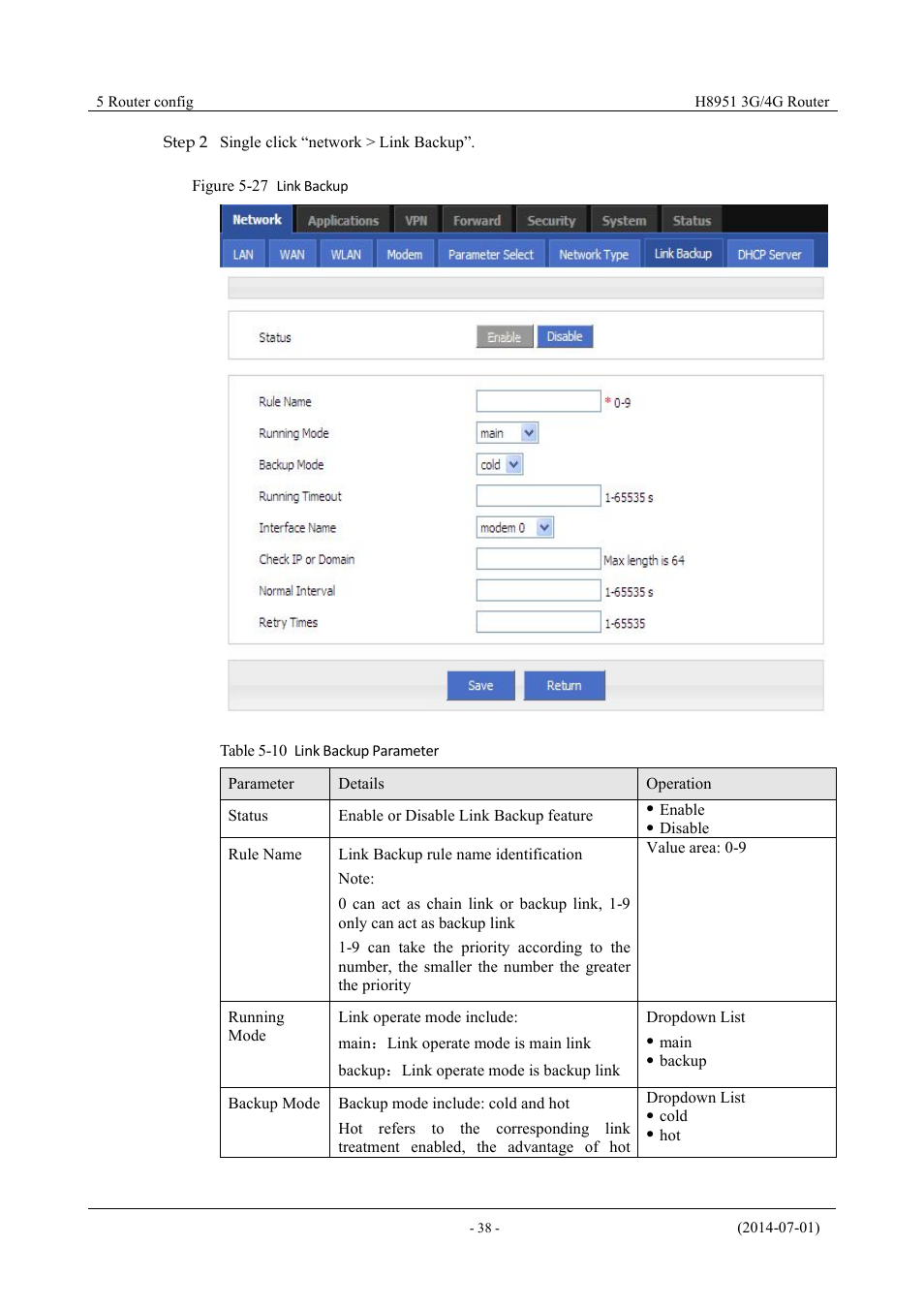 Table 5-7 link backup parameter, Figure 5-26 link backup | Hongdian H8951 3G/4G Wi-Fi router User Manual | Page 54 / 139