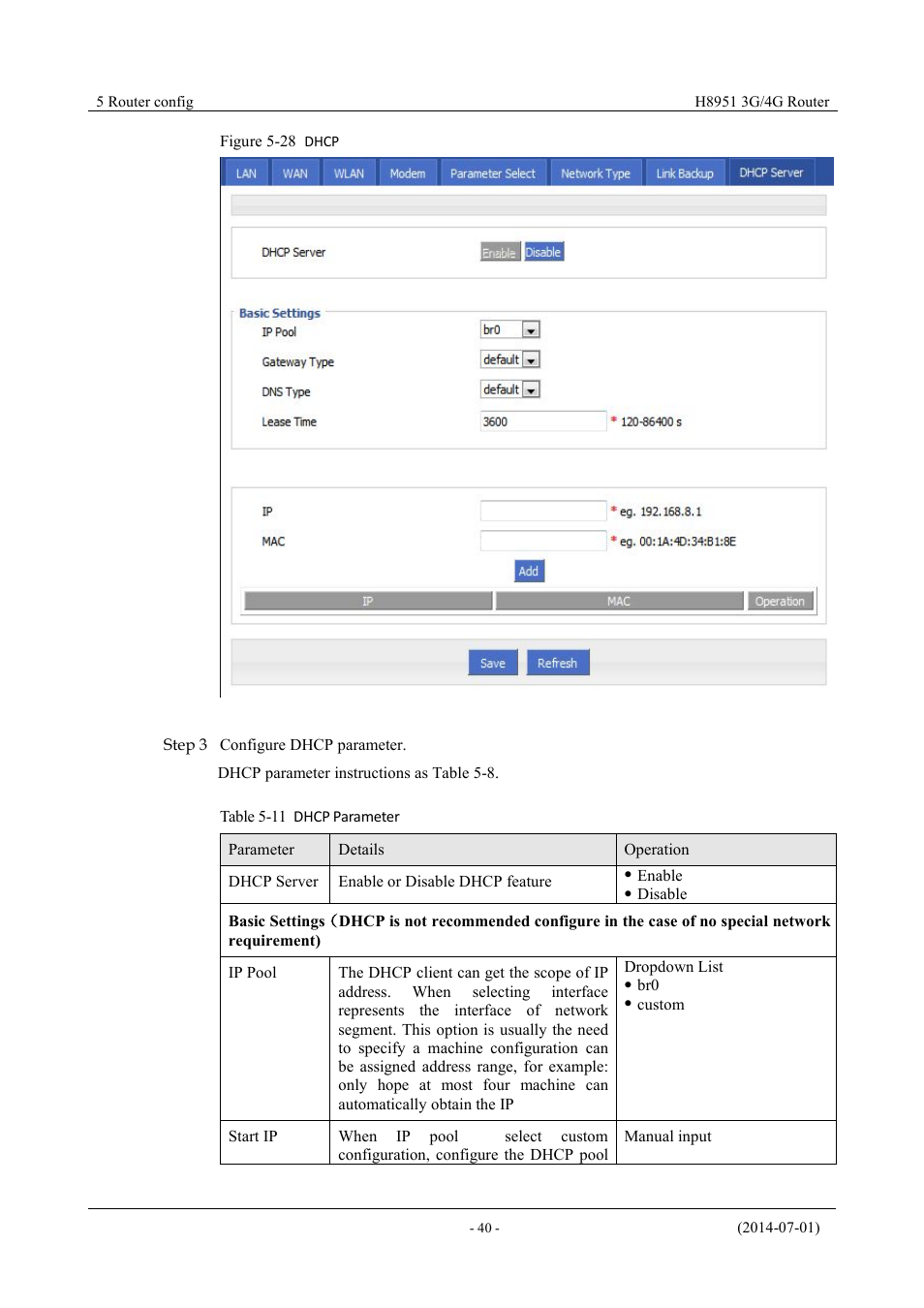 Table 5-8 dhcp parameter, Figure 5-27 dhcp | Hongdian H8951 3G/4G Wi-Fi router User Manual | Page 56 / 139