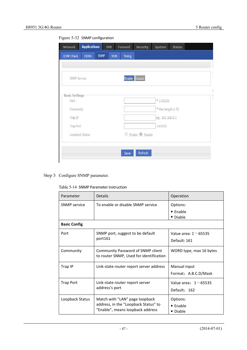 Table 5-11 snmp parameter instruction, Figure 5-31 snmp configuration | Hongdian H8951 3G/4G Wi-Fi router User Manual | Page 63 / 139