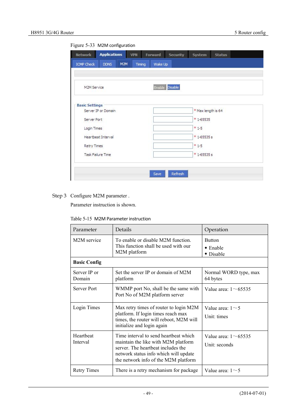 Table 5-12 m2m parameter instruction, Figure 5-32 m2m configuration | Hongdian H8951 3G/4G Wi-Fi router User Manual | Page 65 / 139