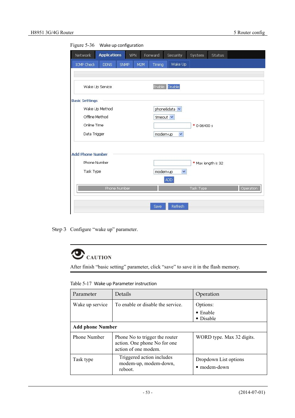 Table 5-14 wake up parameter instruction, Figure 5-35 wake up configuration | Hongdian H8951 3G/4G Wi-Fi router User Manual | Page 69 / 139