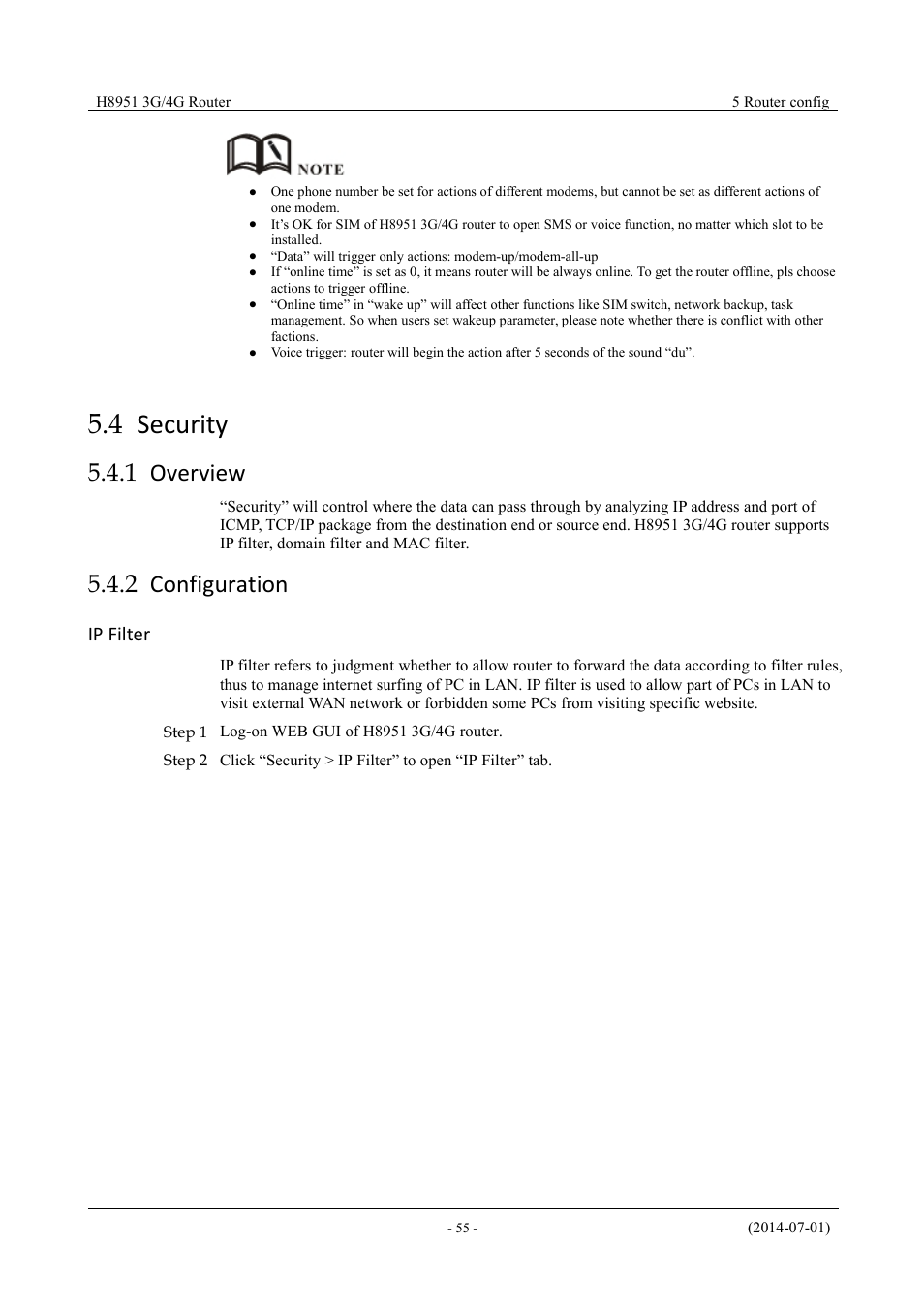 Security, Overview, Configuration | 4 security, 1 overview 5.4.2 configuration, 1 overview, 2 configuration, Ip filter | Hongdian H8951 3G/4G Wi-Fi router User Manual | Page 71 / 139