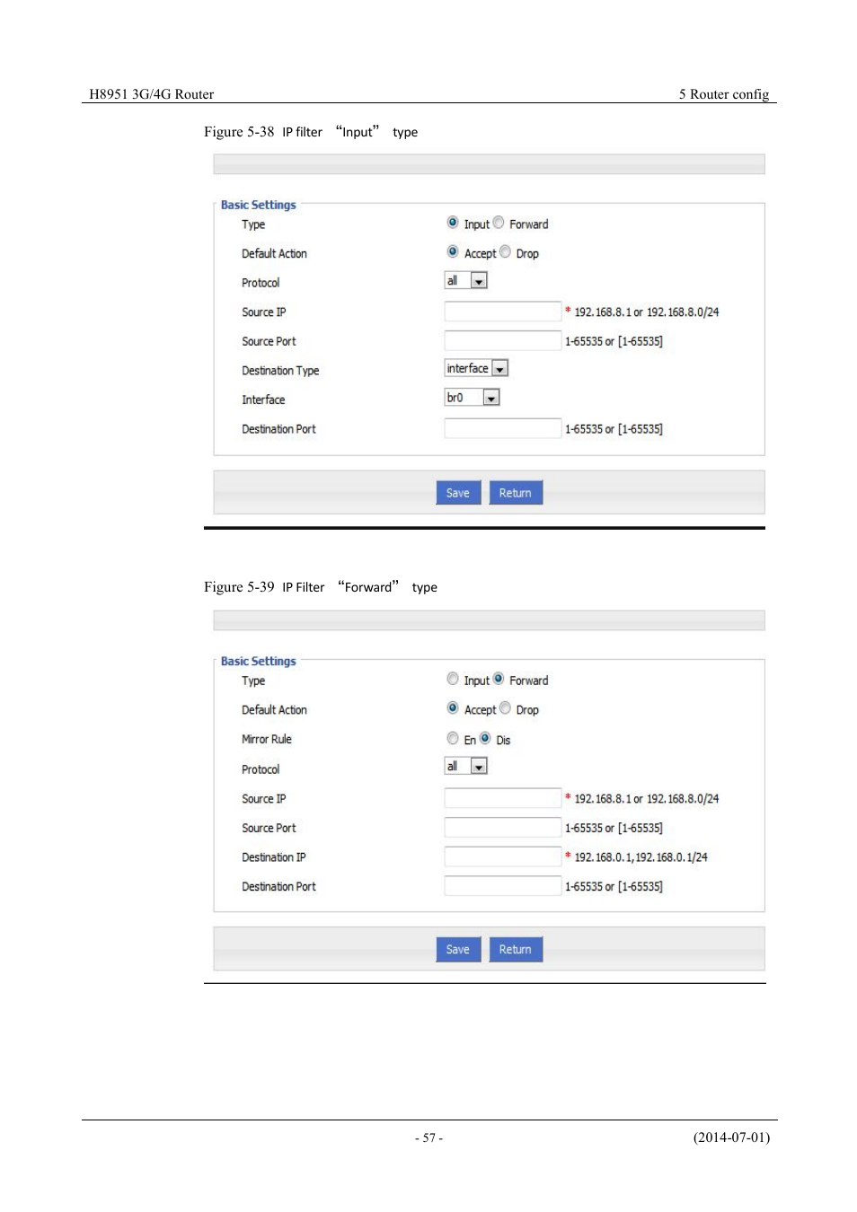 Figure 5-39 ip filter “input” type, Figure 5-40 ip filter “forward” type | Hongdian H8951 3G/4G Wi-Fi router User Manual | Page 73 / 139