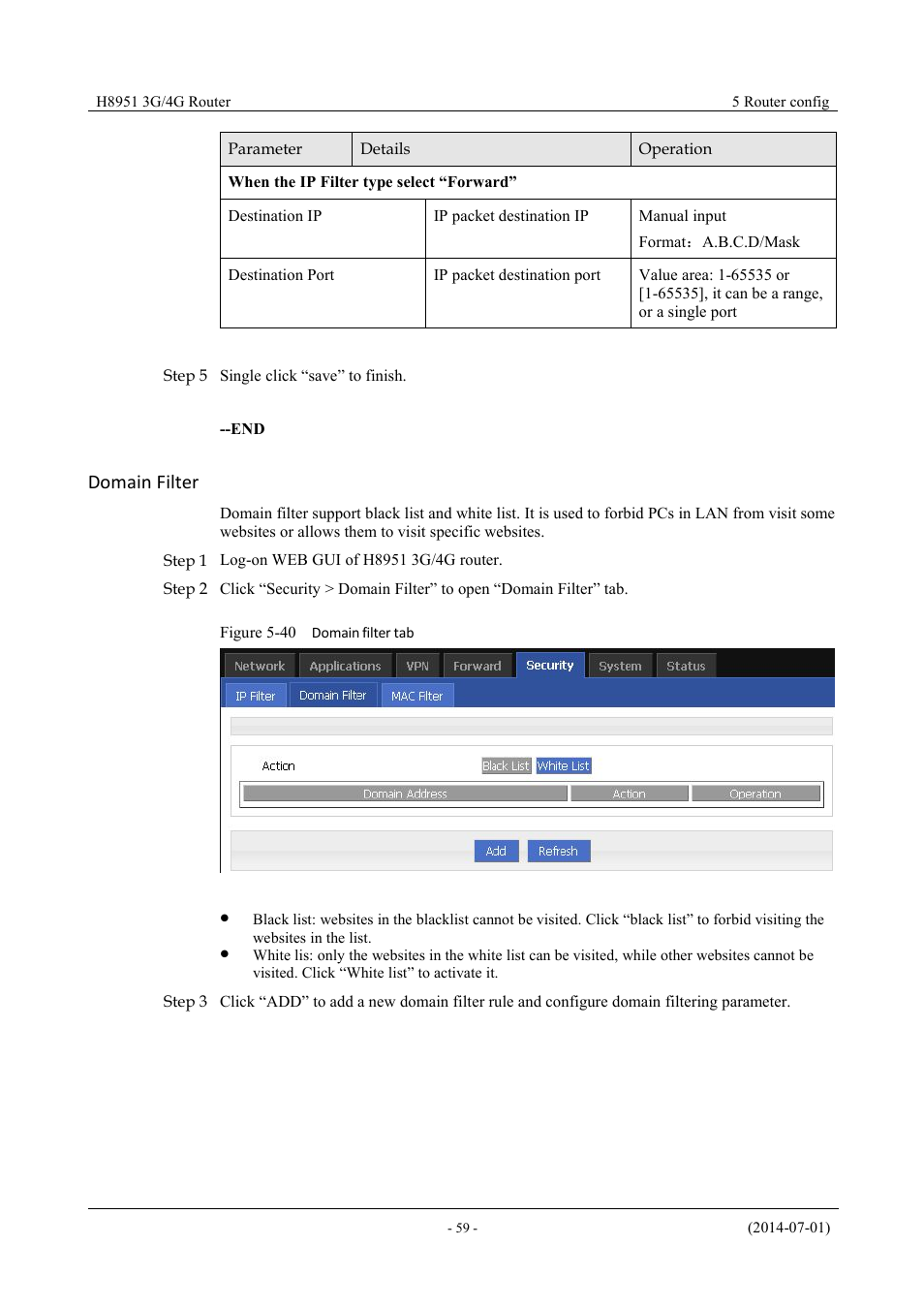Figure 5-41 domain filter tab, Domain filter | Hongdian H8951 3G/4G Wi-Fi router User Manual | Page 75 / 139