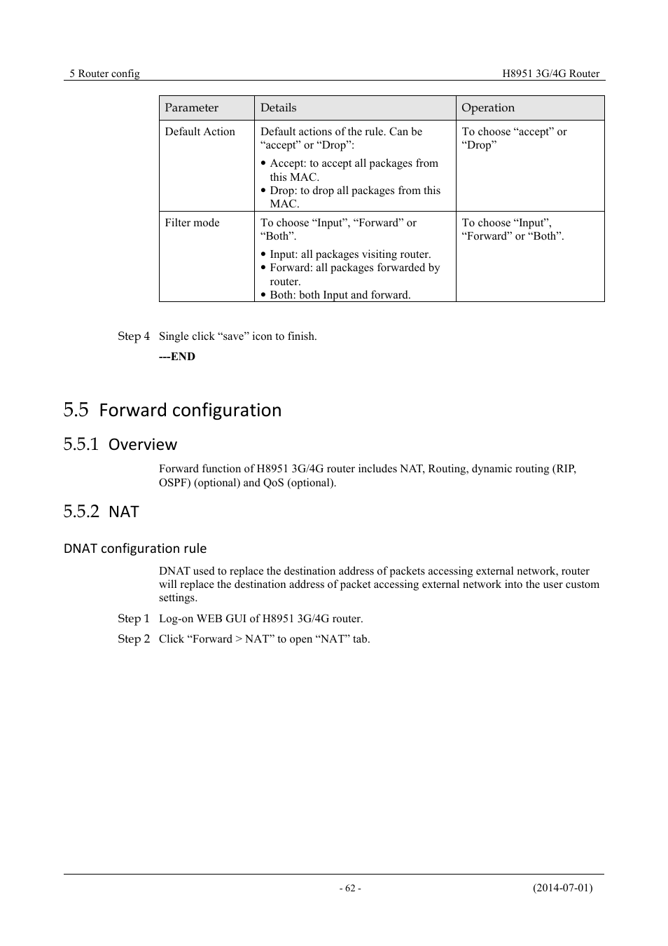 Forwardconfiguration, Overview, 5 forward configuration | 1 overview 5.5.2 nat, 1 overview, 2 nat, Dnat configuration rule | Hongdian H8951 3G/4G Wi-Fi router User Manual | Page 78 / 139