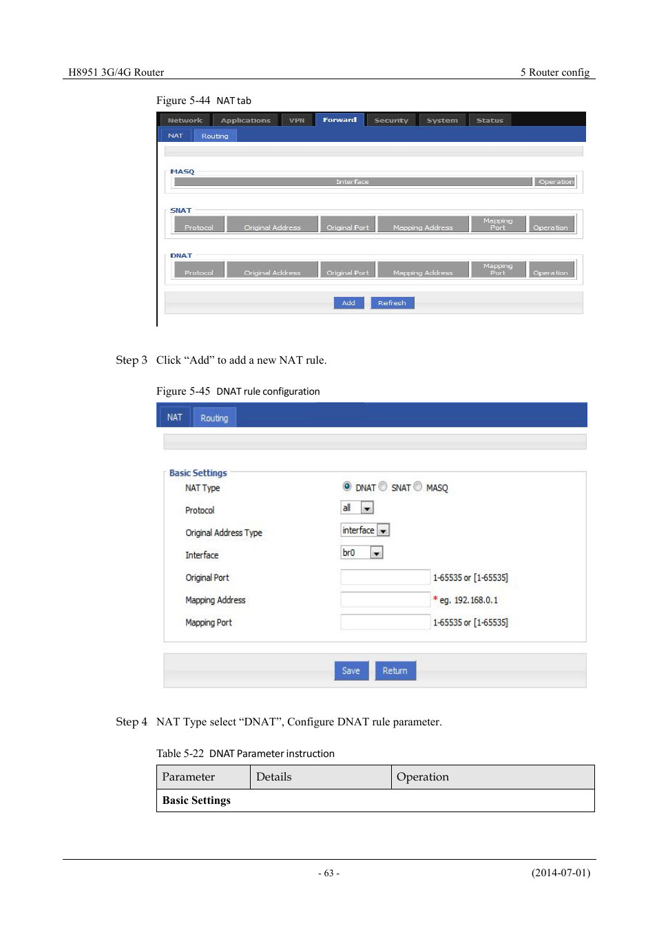 Table 5-21 dnat parameter instruction, Figure 5-45 nat tab, Figure 5-46 dnat rule configuration | Hongdian H8951 3G/4G Wi-Fi router User Manual | Page 79 / 139